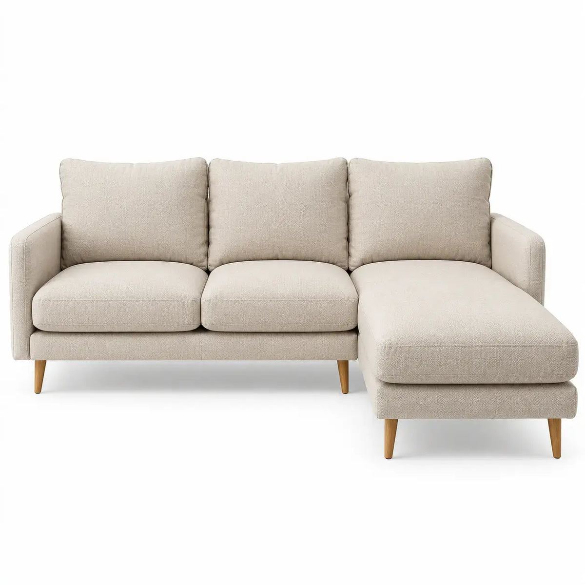 Soffa med förlängd schäslongdel – beige
